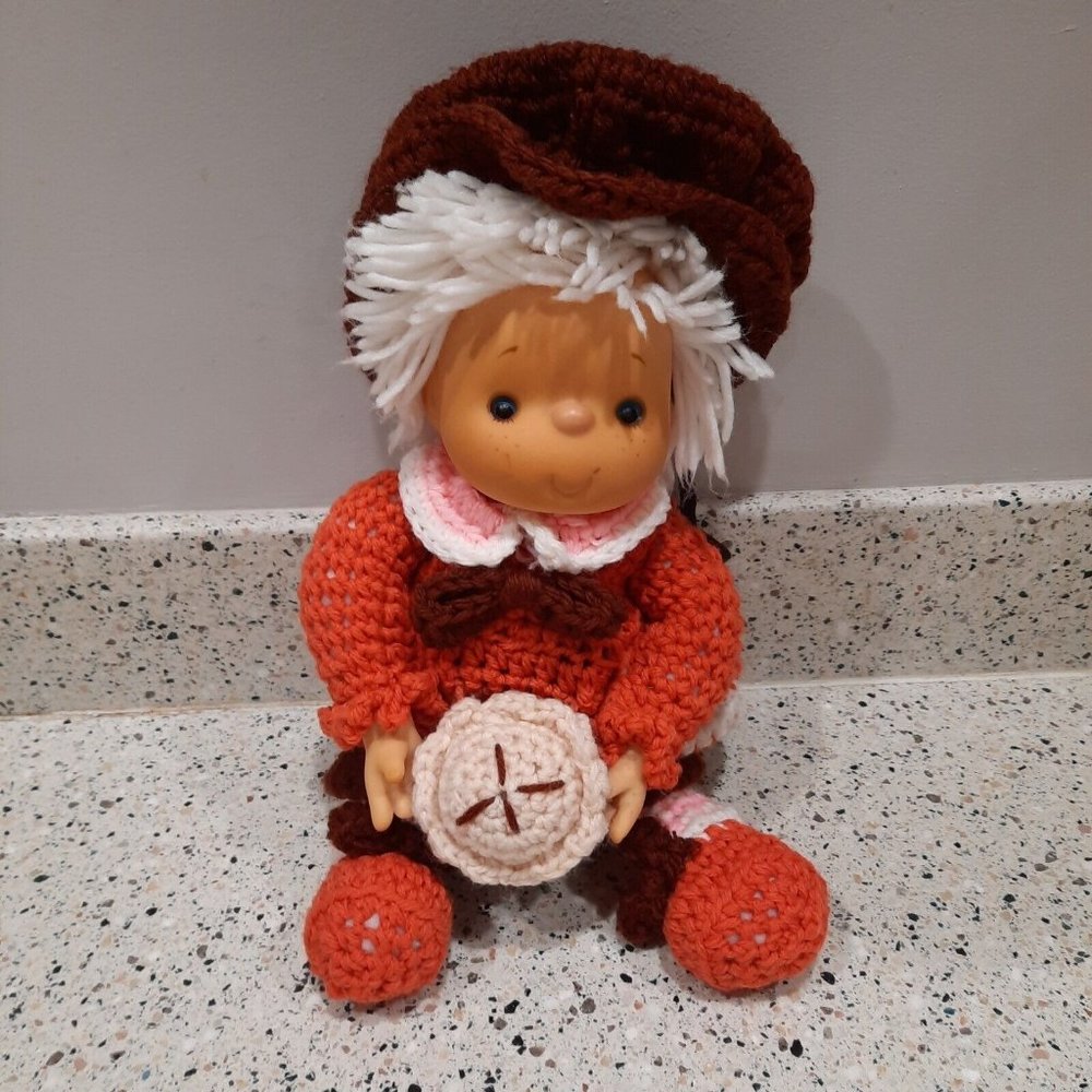 Vtg Handmade Crocheted Rubber Face Doll 14" Clean Machine Washable